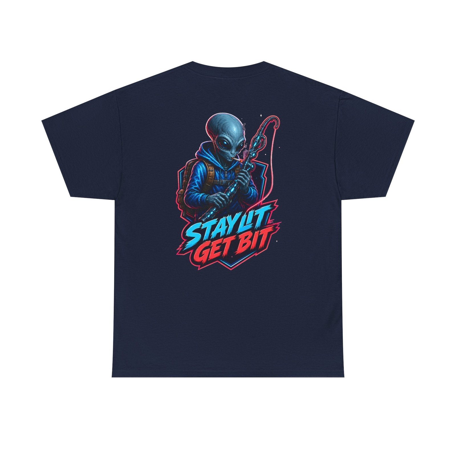 Alien Fisherman Graphic Tee — "Stay Lit Get Bit" Retro Sci‑Fi T-Shirt
