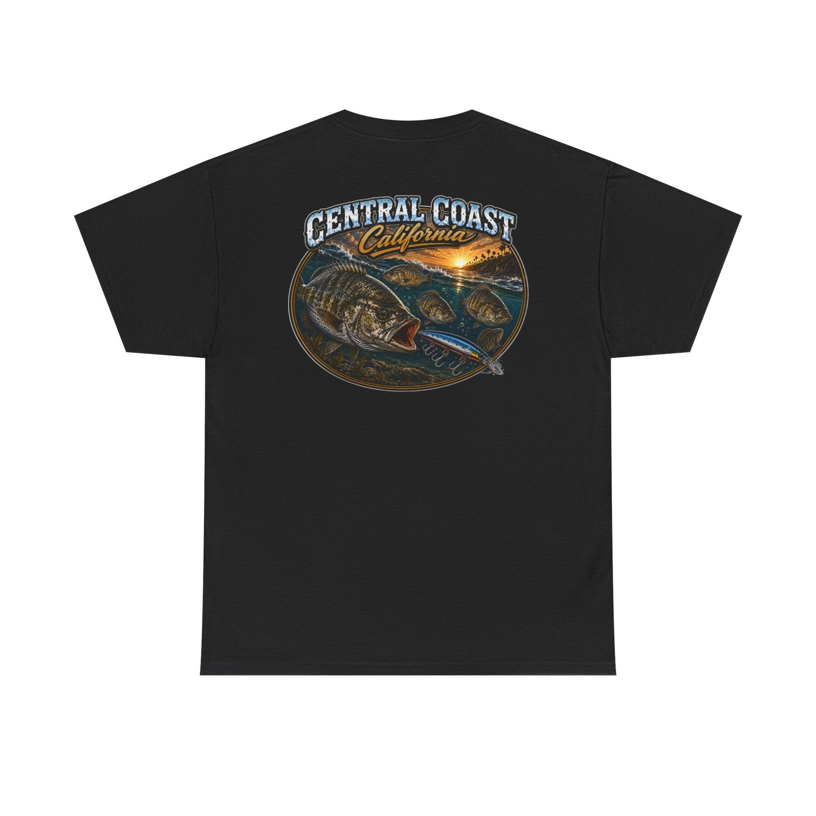 Central Coast California Fishing Tee — 'MO' Minimal Front Logo, Sunset Rockfish Back Design