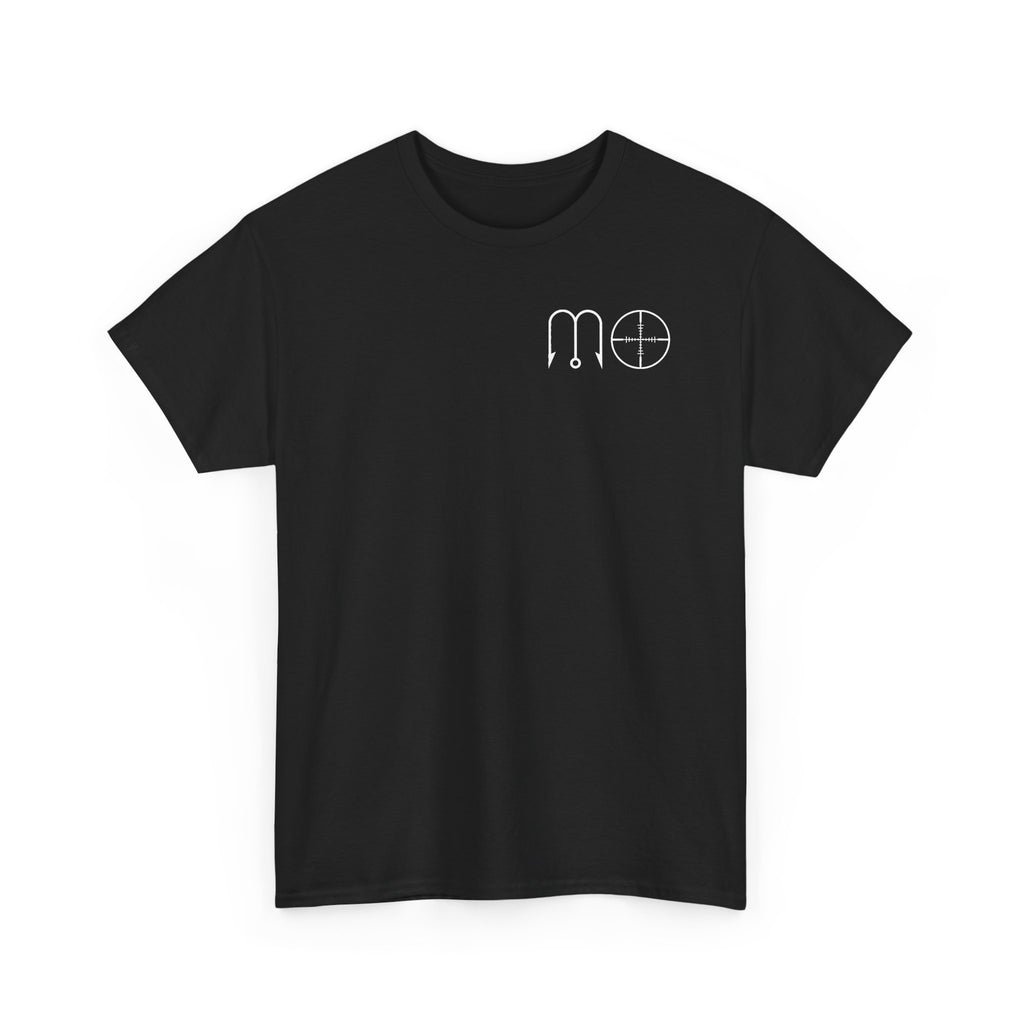 Central Coast California Fishing Tee — 'MO' Minimal Front Logo, Sunset Rockfish Back Design