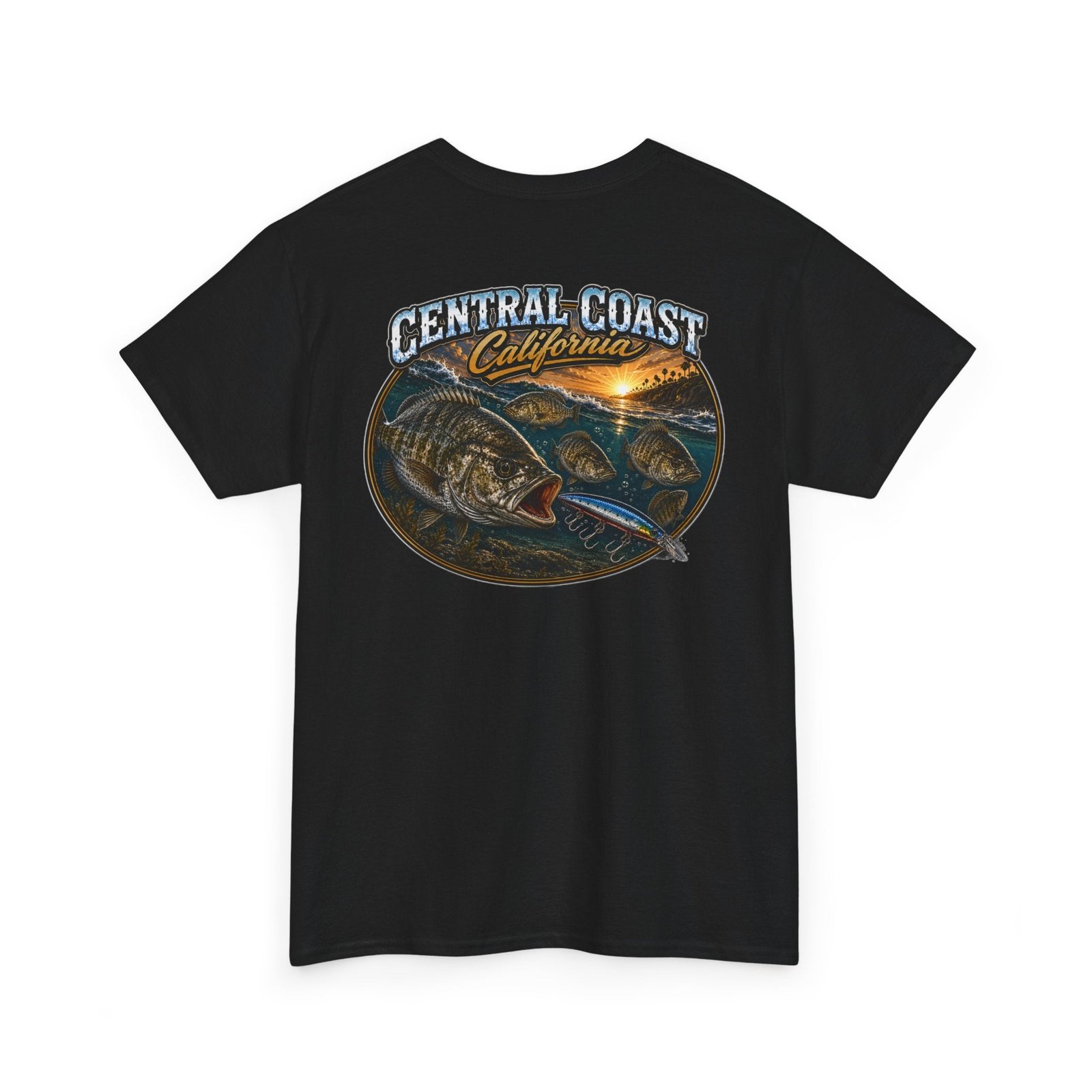 Central Coast California Fishing Tee — 'MO' Minimal Front Logo, Sunset Rockfish Back Design