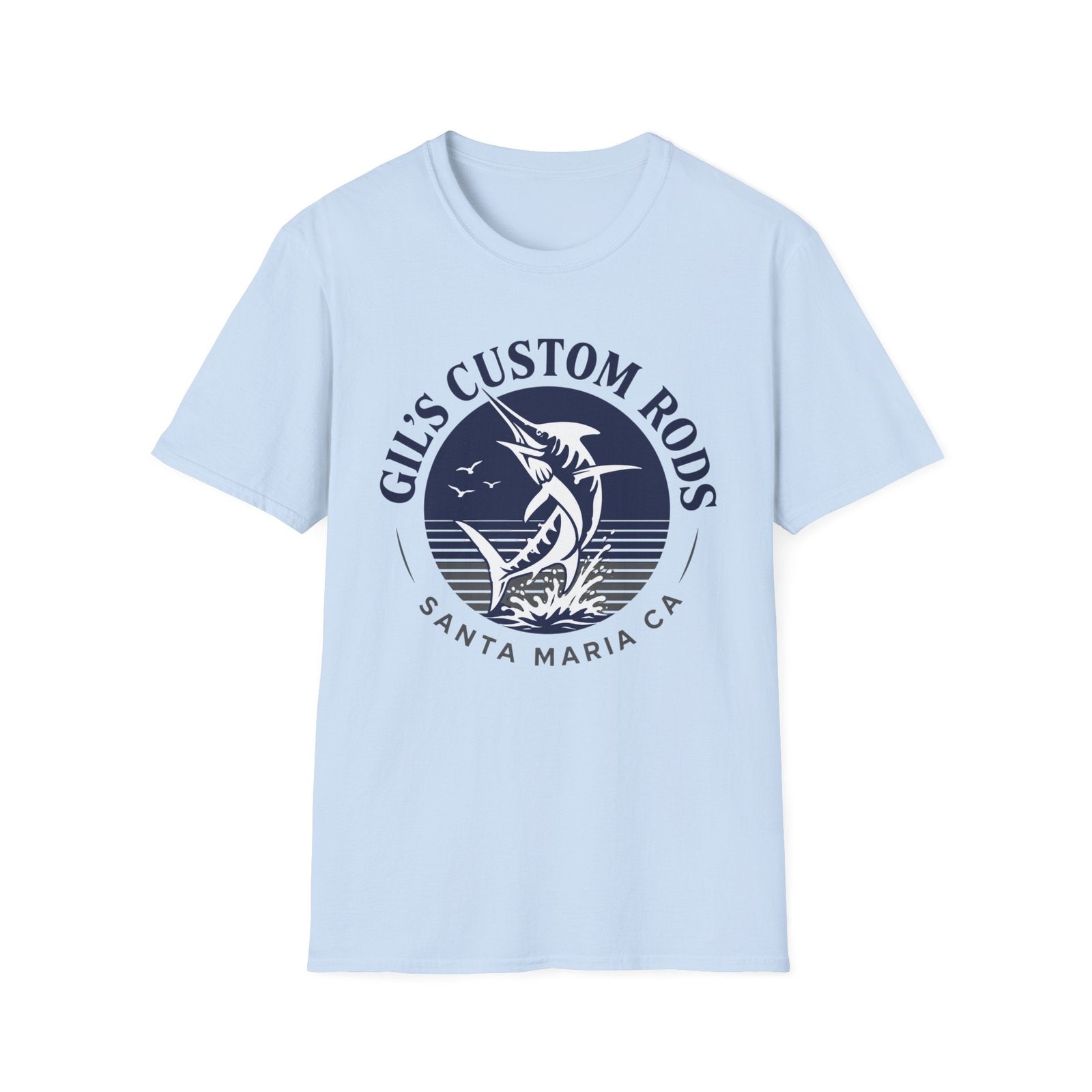 Fishing T‑Shirt — "Gil's Custom Rods" Marlin Logo Tee (Santa Maria CA)